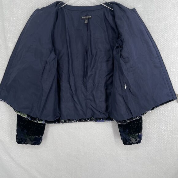 Eileen Fisher Printed Velvet Jacket Round Neck Zip Front Petite Small Blue Black - Picture 3 of 12